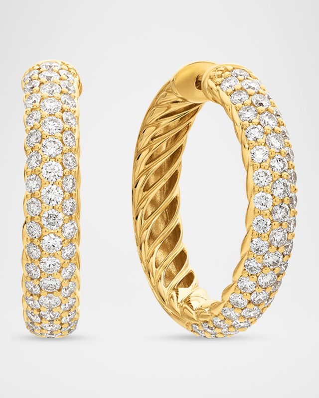 Sculpted Cable Hoop Earrings with Diamonds in 18K Gold, 5mm, 1"L